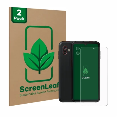Face avant d’un emballage produit avec le logo de la marque ScreenLeaf. À côté, l’appareil Samsung Galaxy Xcover 6 Pro (Avant+