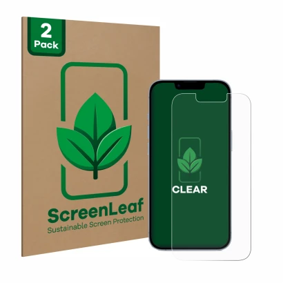 Face avant d’un emballage produit avec le logo de la marque ScreenLeaf. À côté, l’appareil Apple iPhone 14 est représenté avec