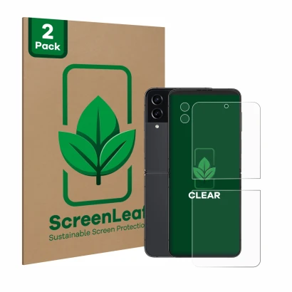 Face avant d’un emballage produit avec le logo de la marque ScreenLeaf. À côté, l’appareil Samsung Galaxy Z Flip 4 (Avant+Camé