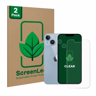 Face avant d’un emballage produit avec le logo de la marque ScreenLeaf. À côté, l’appareil Apple iPhone 14 (Avant+Caméra) est 
