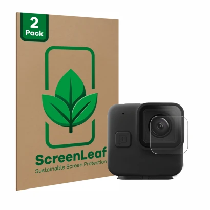 Face avant d’un emballage produit avec le logo de la marque ScreenLeaf. À côté, l’appareil GoPro Hero 11 mini Lentille (Caisse