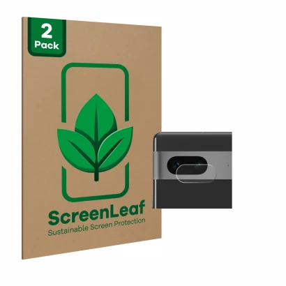 Face avant d’un emballage produit avec le logo de la marque ScreenLeaf. À côté, l’appareil Google Pixel 7 (Caméra UNIQUEMENT) 