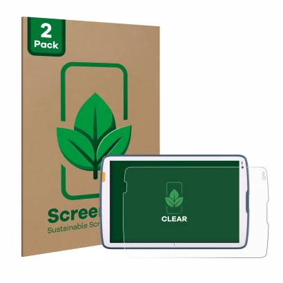 Face avant d’un emballage produit avec le logo de la marque ScreenLeaf. À côté, l’appareil Zebra ET45 10.1" est représenté ave