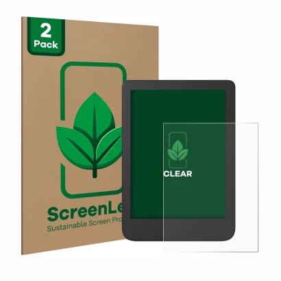 Face avant d’un emballage produit avec le logo de la marque ScreenLeaf. À côté, l’appareil Tolino Shine 4 est représenté avec 