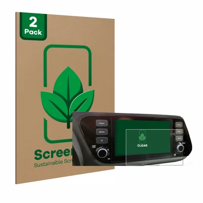 Face avant d’un emballage produit avec le logo de la marque ScreenLeaf. À côté, l’appareil Hyundai i20 2020 8" est représenté 