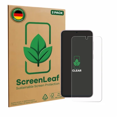 Face avant d’un emballage produit avec le logo de la marque ScreenLeaf. À côté, l’appareil Samsung Galaxy S23 est représenté a