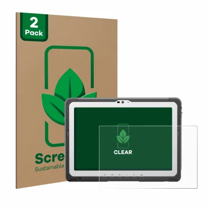 Face avant d’un emballage produit avec le logo de la marque ScreenLeaf. À côté, l’appareil Panasonic Toughbook FZ-A3 est repré