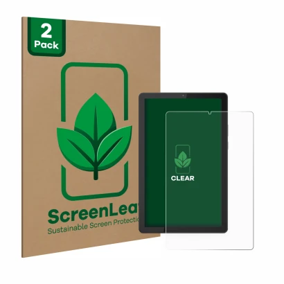 Face avant d’un emballage produit avec le logo de la marque ScreenLeaf. À côté, l’appareil Lenovo Tab M9 est représenté avec l