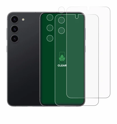 Image de l'appareil Samsung Galaxy S23 (Avant+Caméra) avec une grande variété de protections d'écran.