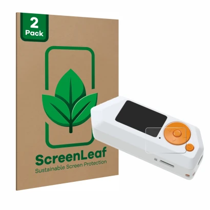 Face avant d’un emballage produit avec le logo de la marque ScreenLeaf. À côté, l’appareil Flipper Zero FZ.1 est représenté av