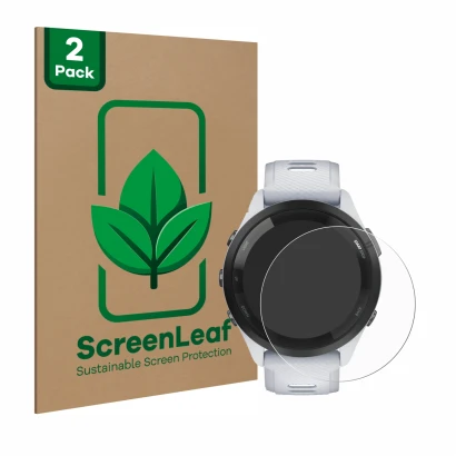 Face avant d’un emballage produit avec le logo de la marque ScreenLeaf. À côté, l’appareil Garmin Forerunner 265 (46 mm) est r
