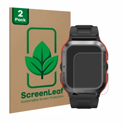 Face avant d’un emballage produit avec le logo de la marque ScreenLeaf. À côté, l’appareil Kospet Tank M2 est représenté avec 