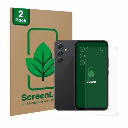 Face avant d’un emballage produit avec le logo de la marque ScreenLeaf. À côté, l’appareil Samsung Galaxy A54 5G (Avant+Caméra