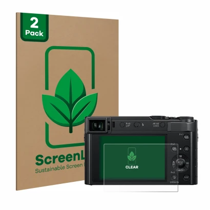 Face avant d’un emballage produit avec le logo de la marque ScreenLeaf. À côté, l’appareil Panasonic Lumix DC-TZ202D est repré