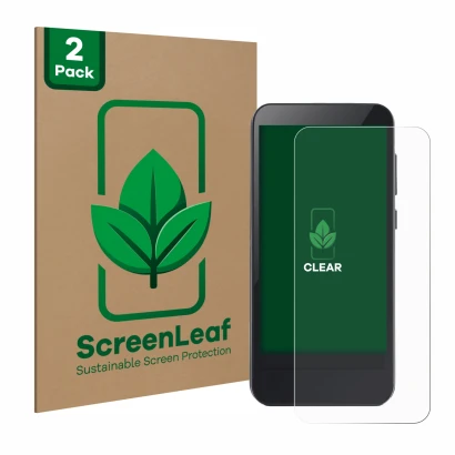 Face avant d’un emballage produit avec le logo de la marque ScreenLeaf. À côté, l’appareil Omnipod 5 est représenté avec la pr