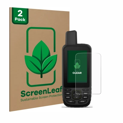 Face avant d’un emballage produit avec le logo de la marque ScreenLeaf. À côté, l’appareil Garmin GPSMAP 67 est représenté ave
