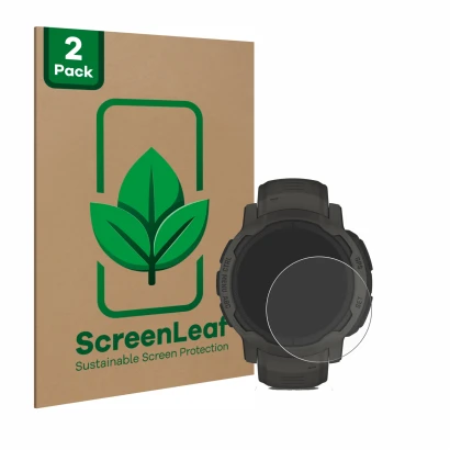 Face avant d’un emballage produit avec le logo de la marque ScreenLeaf. À côté, l’appareil Garmin Instinct 2 Solar est représe