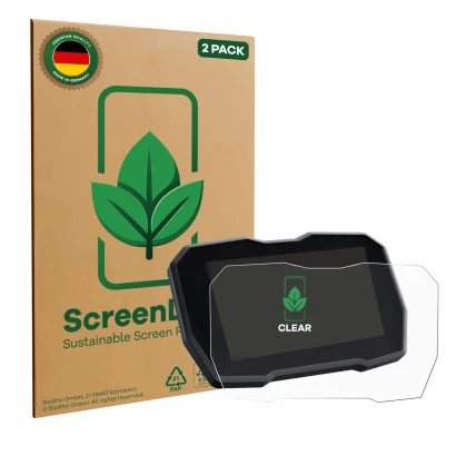 Face avant d’un emballage produit avec le logo de la marque ScreenLeaf. À côté, l’appareil Ducati Multistrada V4 2021+ est rep