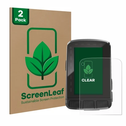 Face avant d’un emballage produit avec le logo de la marque ScreenLeaf. À côté, l’appareil Wahoo Elemnt Roam 2 est représenté 