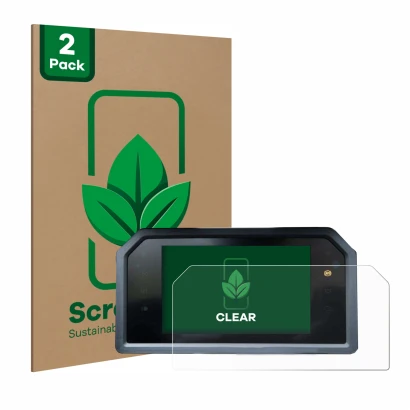 Face avant d’un emballage produit avec le logo de la marque ScreenLeaf. À côté, l’appareil Yamaha Tmax 560 2023 est représenté