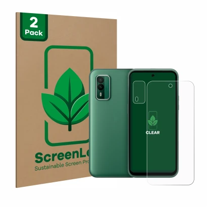 Face avant d’un emballage produit avec le logo de la marque ScreenLeaf. À côté, l’appareil Nokia XR21 (Avant+Caméra) est repré