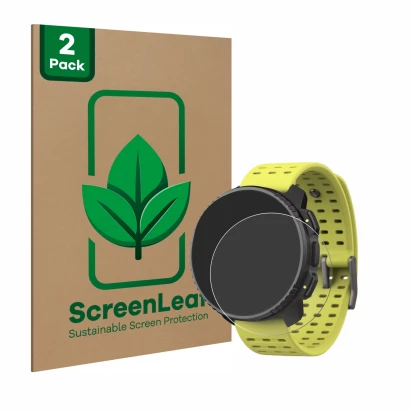 Face avant d’un emballage produit avec le logo de la marque ScreenLeaf. À côté, l’appareil Suunto Vertical est représenté avec
