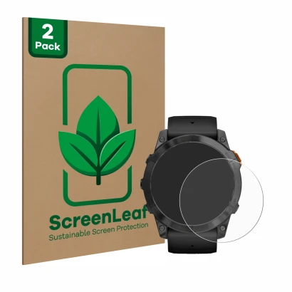 Face avant d’un emballage produit avec le logo de la marque ScreenLeaf. À côté, l’appareil Garmin Fenix 7X Pro Solar (51 mm) e