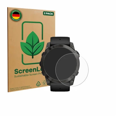 Face avant d’un emballage produit avec le logo de la marque ScreenLeaf. À côté, l’appareil Garmin Epix Pro (Gen 2) (51 mm) est