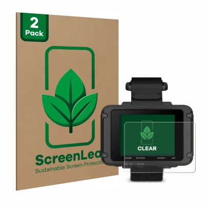Face avant d’un emballage produit avec le logo de la marque ScreenLeaf. À côté, l’appareil Garmin Foretrex 801 est représenté 