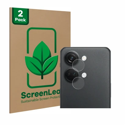 Face avant d’un emballage produit avec le logo de la marque ScreenLeaf. À côté, l’appareil OnePlus Nord 3 5G (Caméra UNIQUEMEN