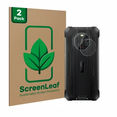 Face avant d’un emballage produit avec le logo de la marque ScreenLeaf. À côté, l’appareil Blackview BL8800 5G (Caméra UNIQUEM
