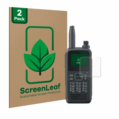 Face avant d’un emballage produit avec le logo de la marque ScreenLeaf. À côté, l’appareil Kenwood TH-D75E D-Star est représen