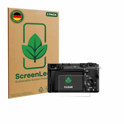 Face avant d’un emballage produit avec le logo de la marque ScreenLeaf. À côté, l’appareil Sony Alpha 6700 est représenté avec