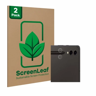 Face avant d’un emballage produit avec le logo de la marque ScreenLeaf. À côté, l’appareil Samsung Galaxy Tab S9 Ultra 5G (Cam