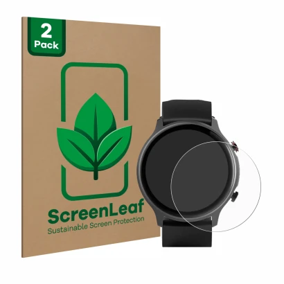 Face avant d’un emballage produit avec le logo de la marque ScreenLeaf. À côté, l’appareil Hama Fit Watch 6910 est représenté 