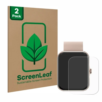 Face avant d’un emballage produit avec le logo de la marque ScreenLeaf. À côté, l’appareil Mutoy Smartwatch 1.83