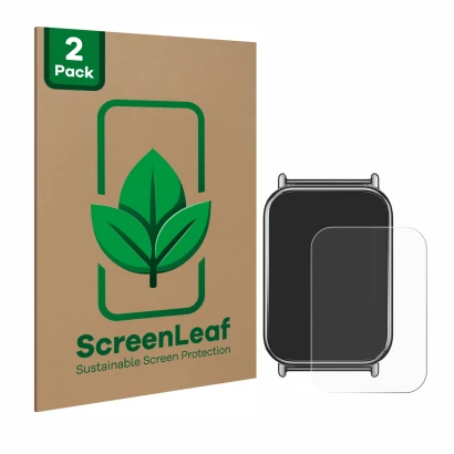 Face avant d’un emballage produit avec le logo de la marque ScreenLeaf. À côté, l’appareil Xiaomi Mi Band 8 Pro est représenté