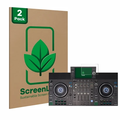 Face avant d’un emballage produit avec le logo de la marque ScreenLeaf. À côté, l’appareil Denon DJ SC LIVE 4 est représenté a