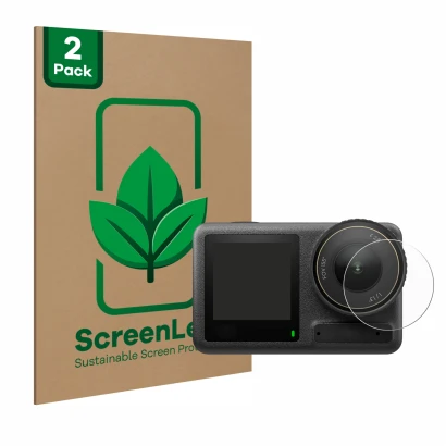 Face avant d’un emballage produit avec le logo de la marque ScreenLeaf. À côté, l’appareil DJI Osmo Action 4 (Lentille) est re