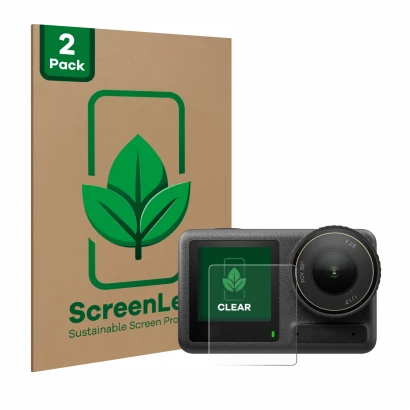 Face avant d’un emballage produit avec le logo de la marque ScreenLeaf. À côté, l’appareil DJI Osmo Action 4 (Affichage avant)