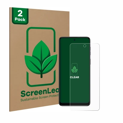 Face avant d’un emballage produit avec le logo de la marque ScreenLeaf. À côté, l’appareil Motorola Moto G54 est représenté av