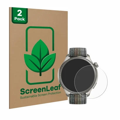 Face avant d’un emballage produit avec le logo de la marque ScreenLeaf. À côté, l’appareil Huami Amazfit Balance est représent