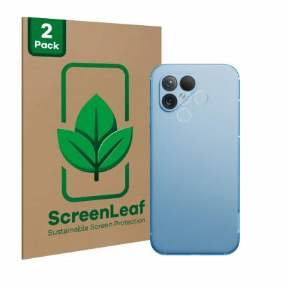 Face avant d’un emballage produit avec le logo de la marque ScreenLeaf. À côté, l’appareil Fairphone 5 (Caméra UNIQUEMENT) est