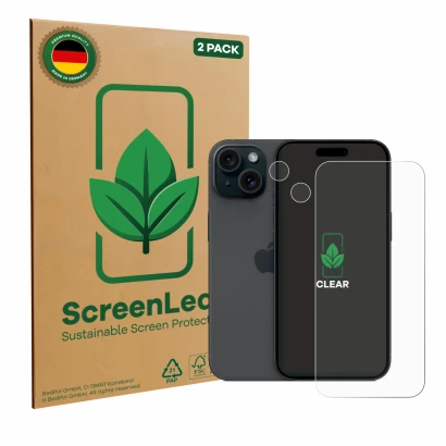 Face avant d’un emballage produit avec le logo de la marque ScreenLeaf. À côté, l’appareil Apple iPhone 15 (Avant+Caméra) est 