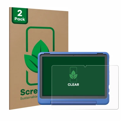 Face avant d’un emballage produit avec le logo de la marque ScreenLeaf. À côté, l’appareil Amazon Fire HD 10 Kids Pro 2023 est