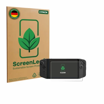 Face avant d’un emballage produit avec le logo de la marque ScreenLeaf. À côté, l’appareil Lenovo Legion Go est représenté ave