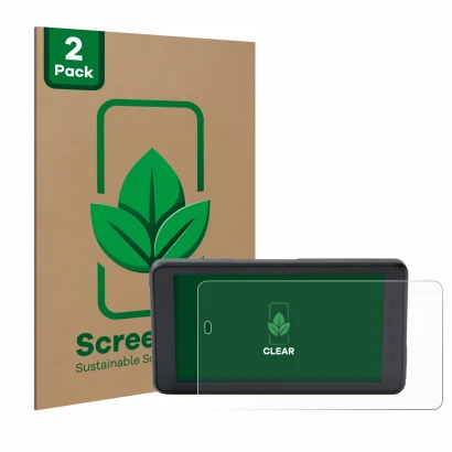 Face avant d’un emballage produit avec le logo de la marque ScreenLeaf. À côté, l’appareil BMW ConnectedRide Navigator est rep
