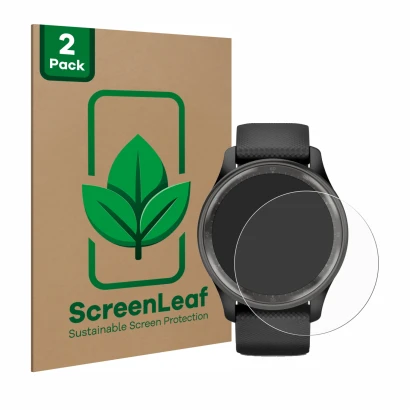 Face avant d’un emballage produit avec le logo de la marque ScreenLeaf. À côté, l’appareil Garmin Vivomove Trend est représent
