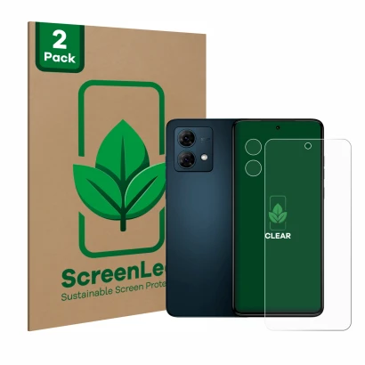 Face avant d’un emballage produit avec le logo de la marque ScreenLeaf. À côté, l’appareil Motorola Moto G84 (Avant+Caméra) es