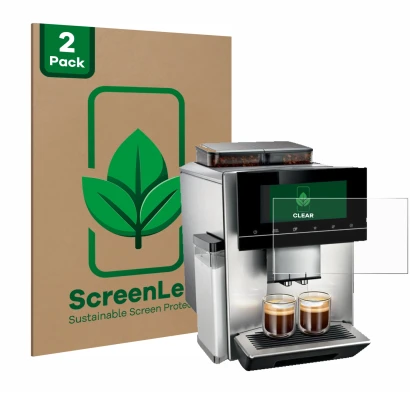 Face avant d’un emballage produit avec le logo de la marque ScreenLeaf. À côté, l’appareil Siemens EQ900 TQ907D03 est représen